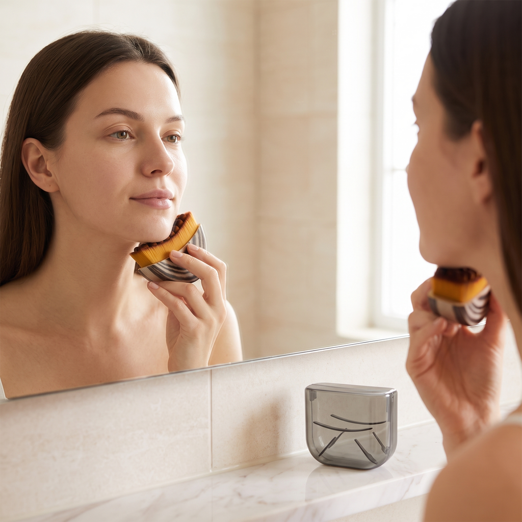 Femme utilisant le masseur Lynfa devant un miroir