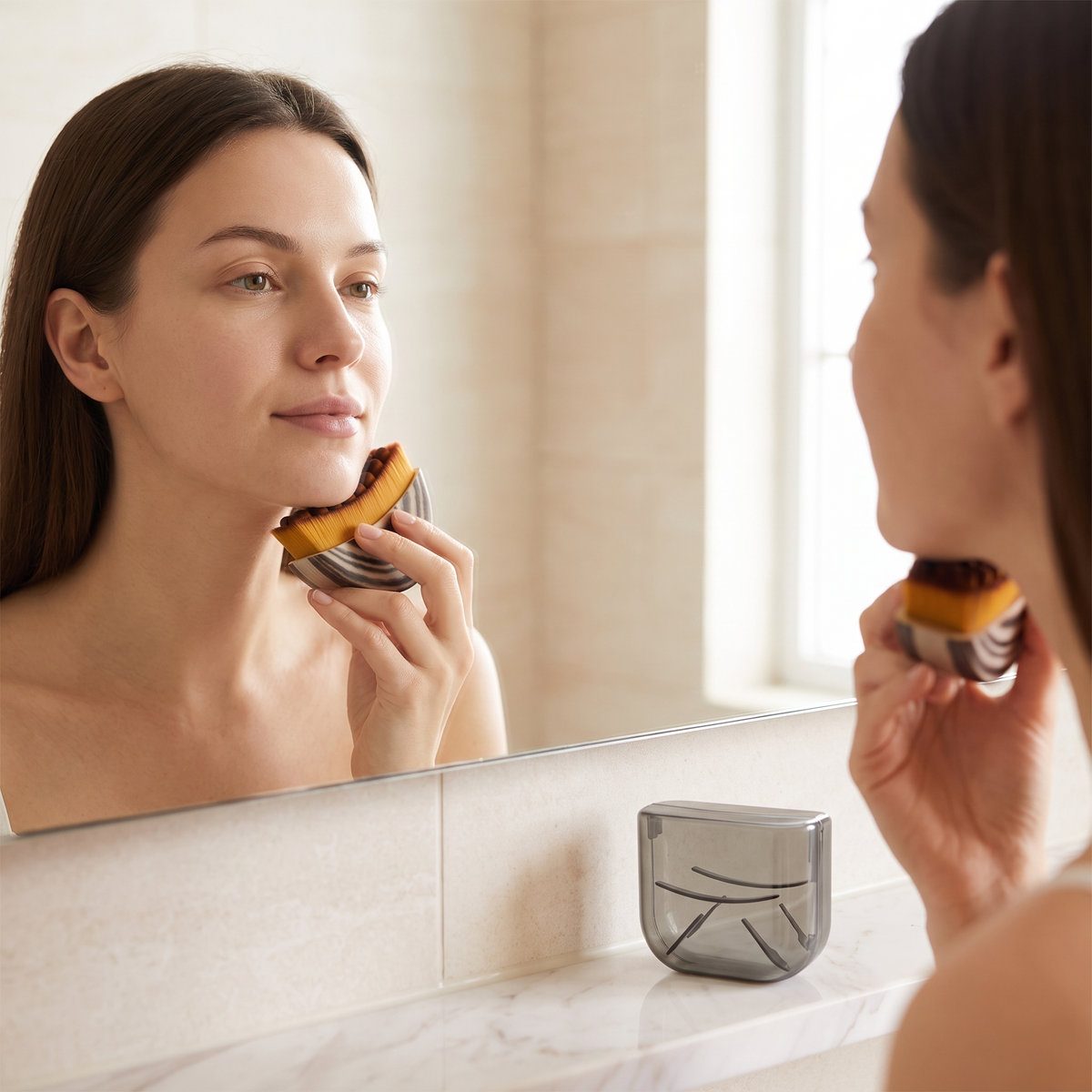 Femme utilisant le masseur Lynfa devant un miroir